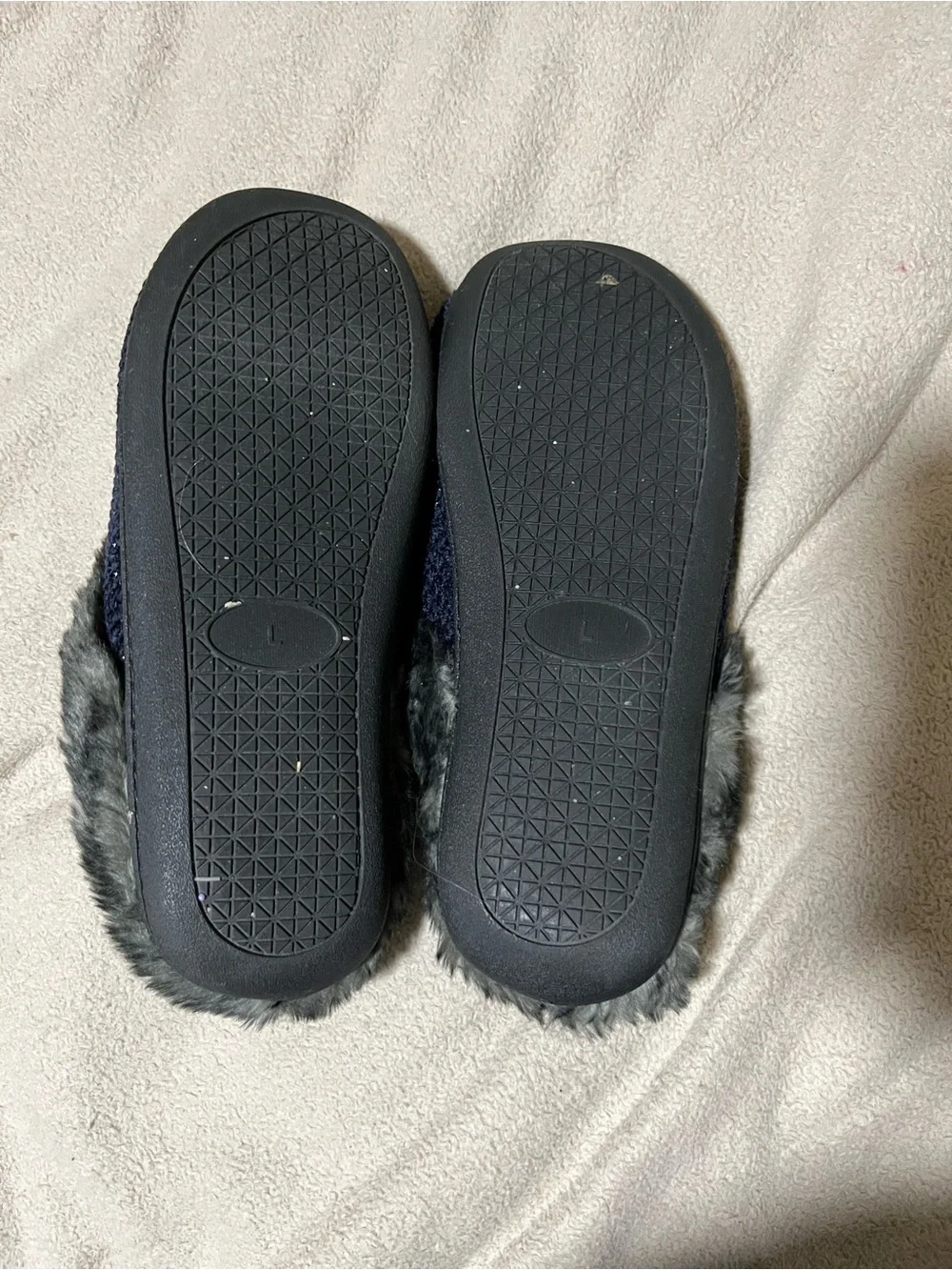 totes Kids Navy Slippers with Gray Faux-Fur Trim